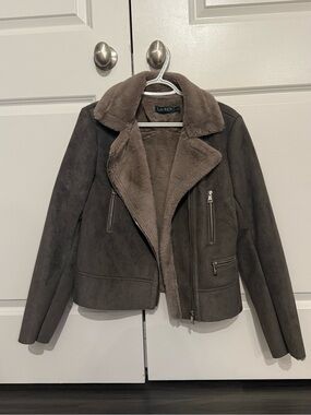 Ralph Lauren Gray Faux-Suede Shearling Bomber Jacket